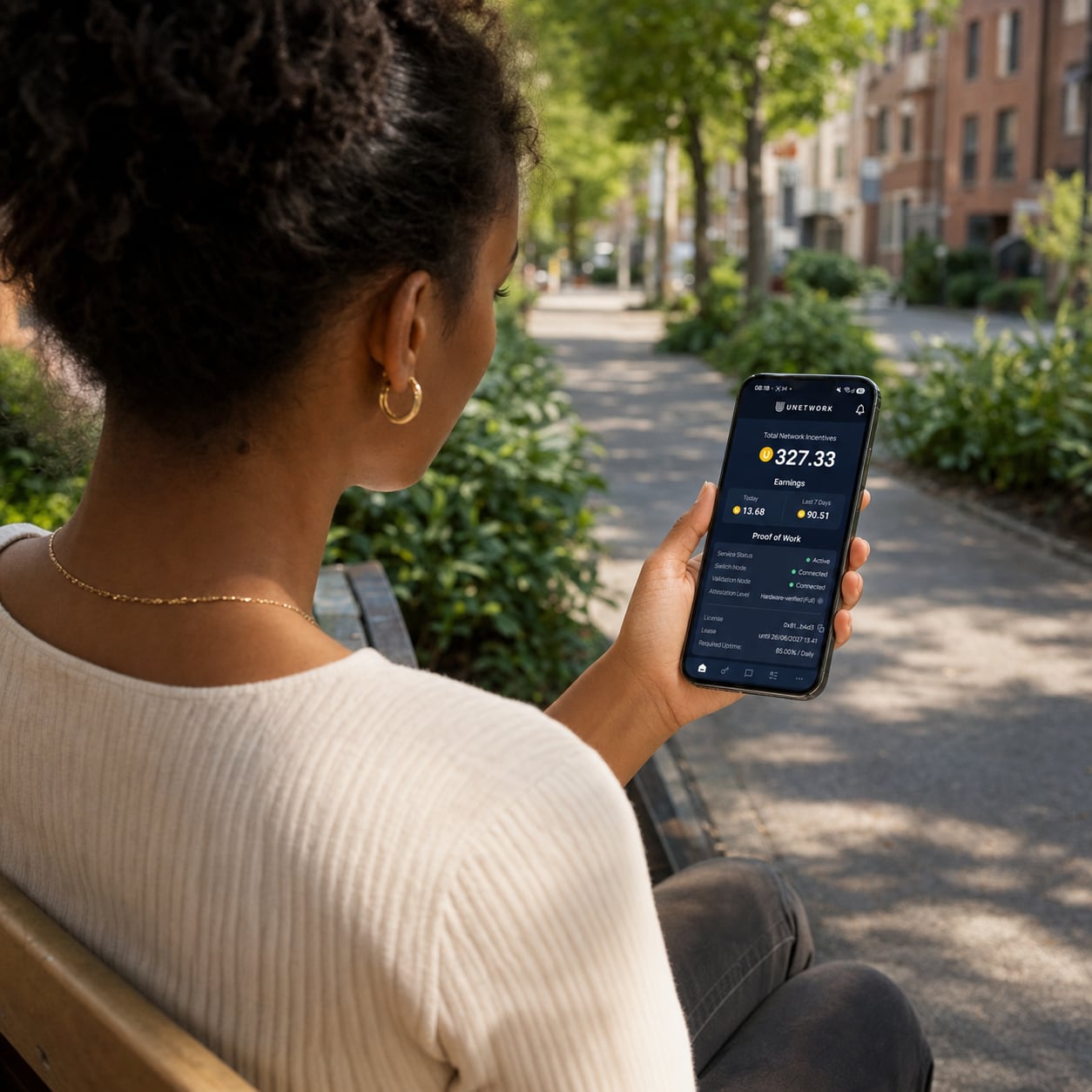 Operator using the Unetwork App on a smartphone for mobile network task rewards