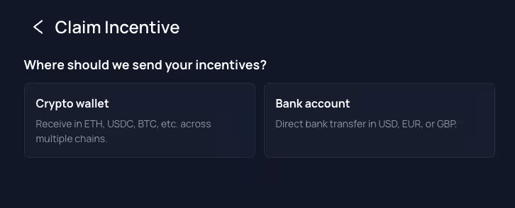Unetwork withdrawal method screen with crypto wallet and bank account choices