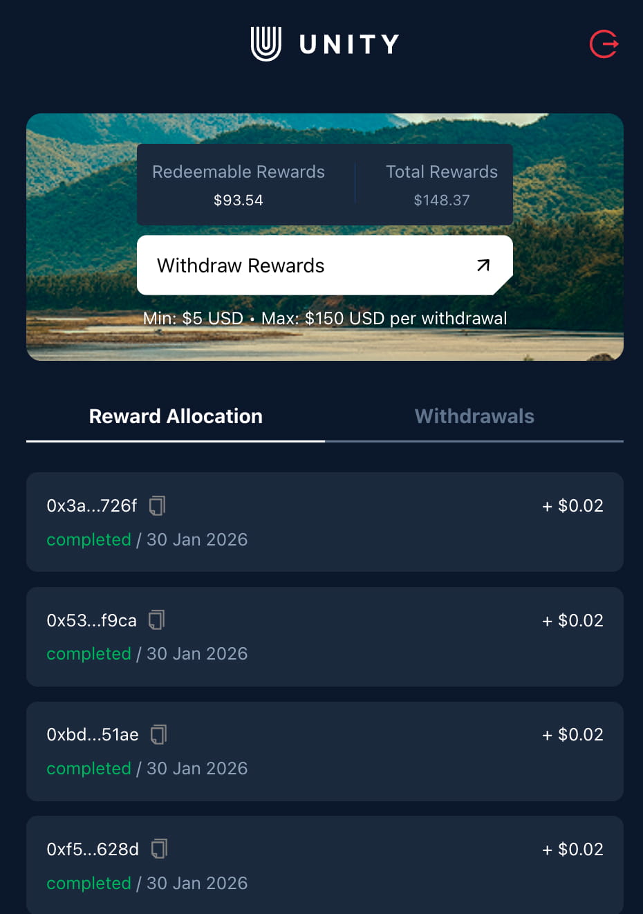 Unetwork rewards dashboard showing redeemable rewards and the withdraw rewards button
