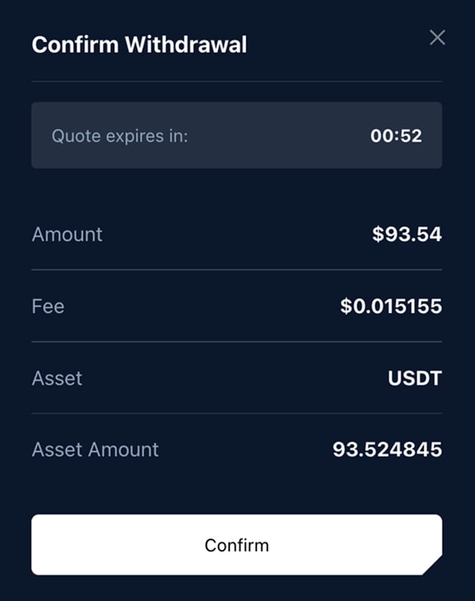 Unetwork confirmation screen showing amount, fee, asset, asset amount, and confirm button