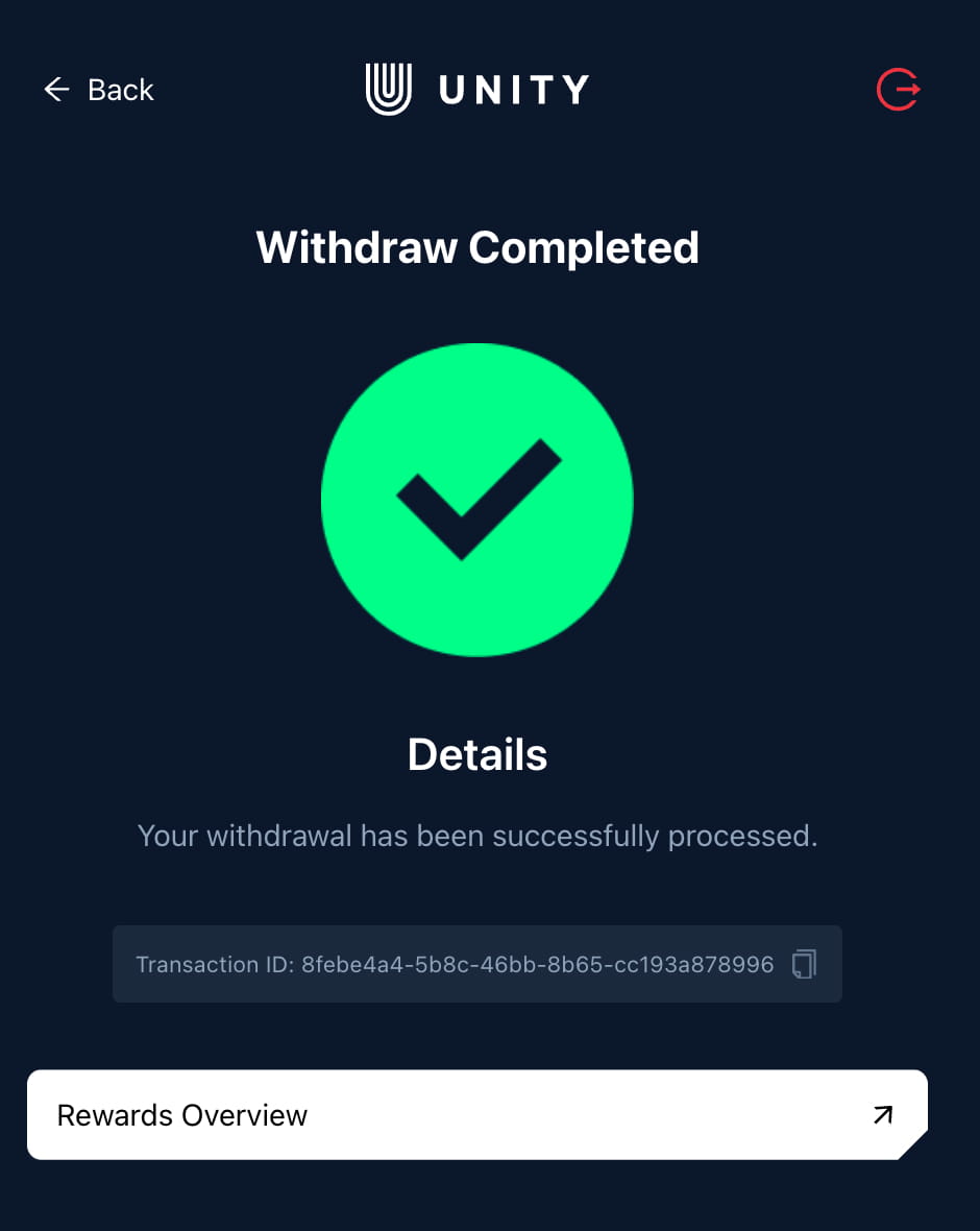 Unetwork withdrawal completed screen with transaction ID