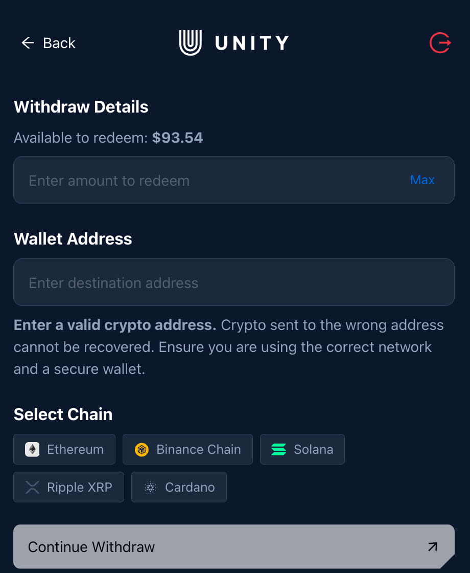Unetwork crypto withdrawal details screen with amount, wallet address, and network choices
